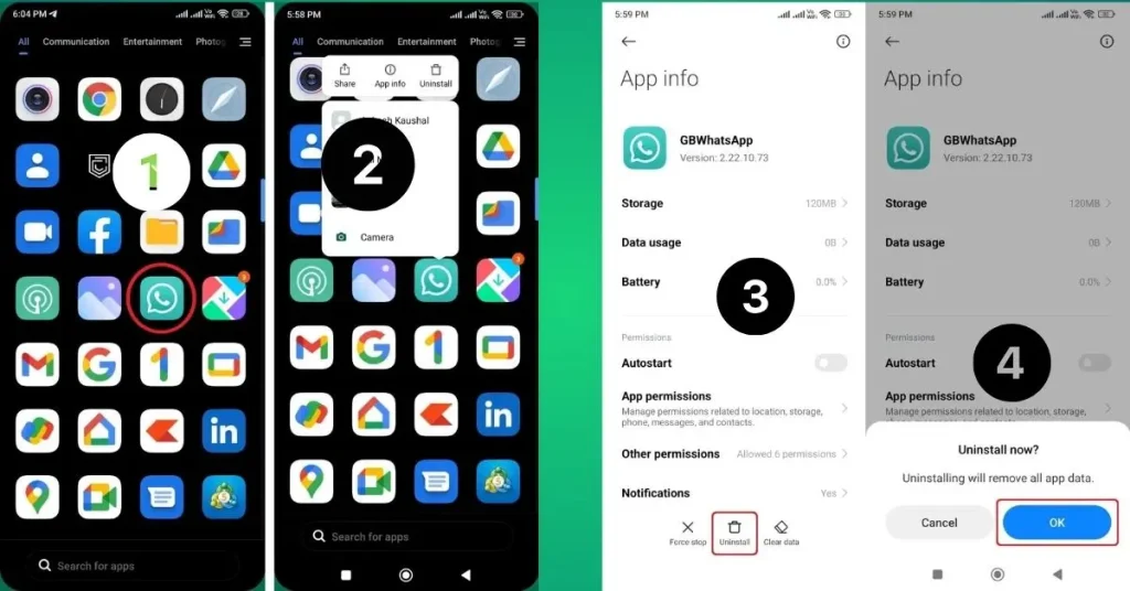 Uninstalling GB WhatsApp through the App Info Option